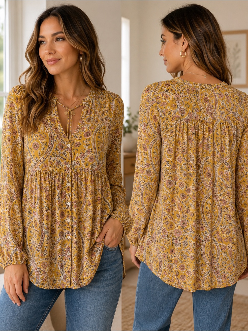 MELLODAY Mustard Floral Paisley Boho Babydoll Tunic Blouse M